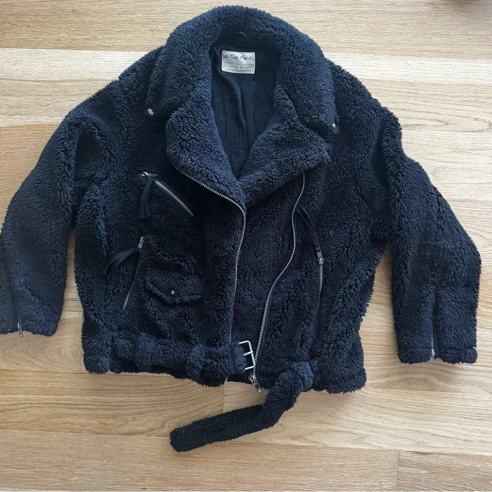 Free People So Cozy slouchy moto black fleece teddy jacket size Small - Picture 8 of 13